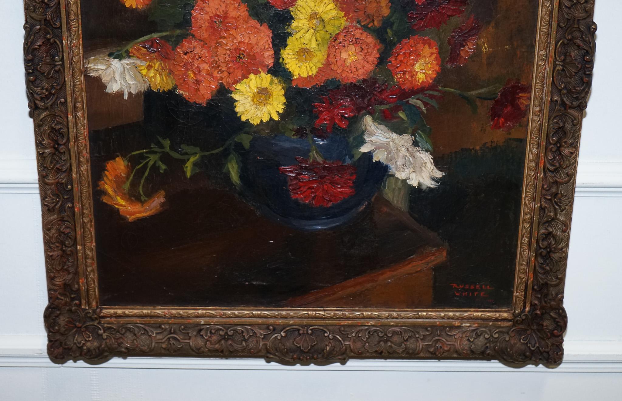Britannique TABLEAU DE VIE BOUQUET FLORAL CADRE DORE SIGNÉ RUSSEL Whiting 1953 en vente