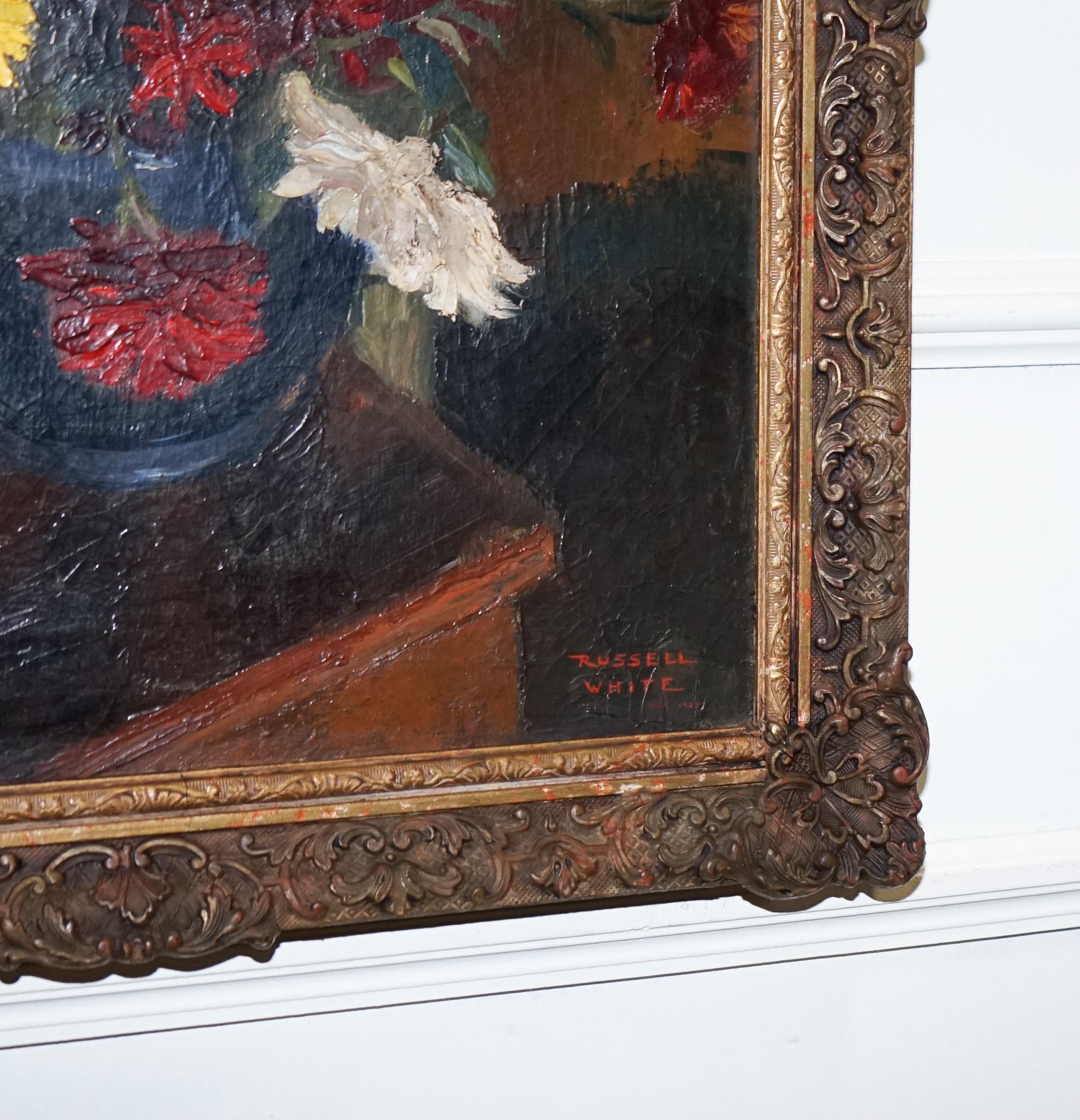 Peint à la main TABLEAU DE VIE BOUQUET FLORAL CADRE DORE SIGNÉ RUSSEL Whiting 1953 en vente