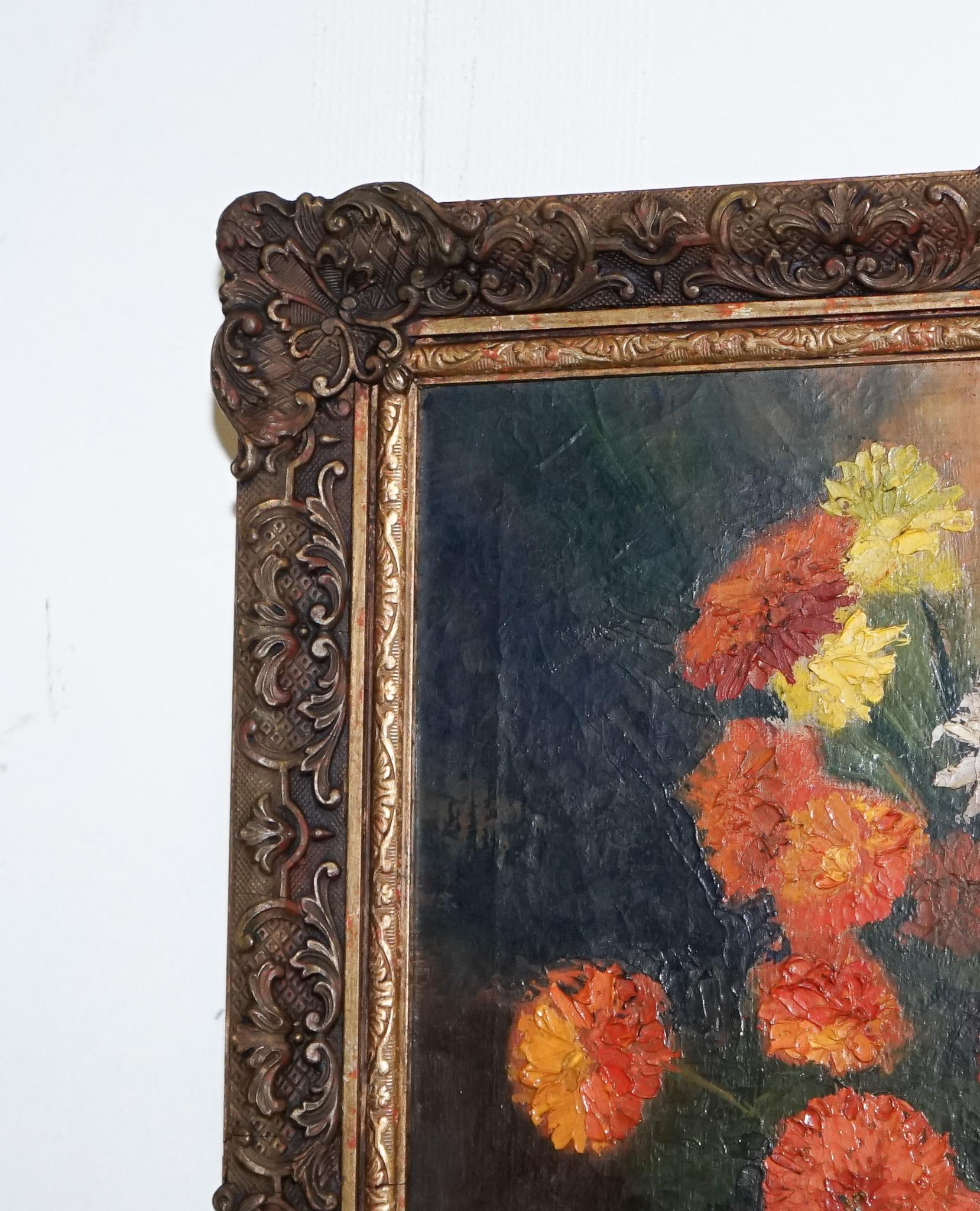 20ième siècle TABLEAU DE VIE BOUQUET FLORAL CADRE DORE SIGNÉ RUSSEL Whiting 1953 en vente