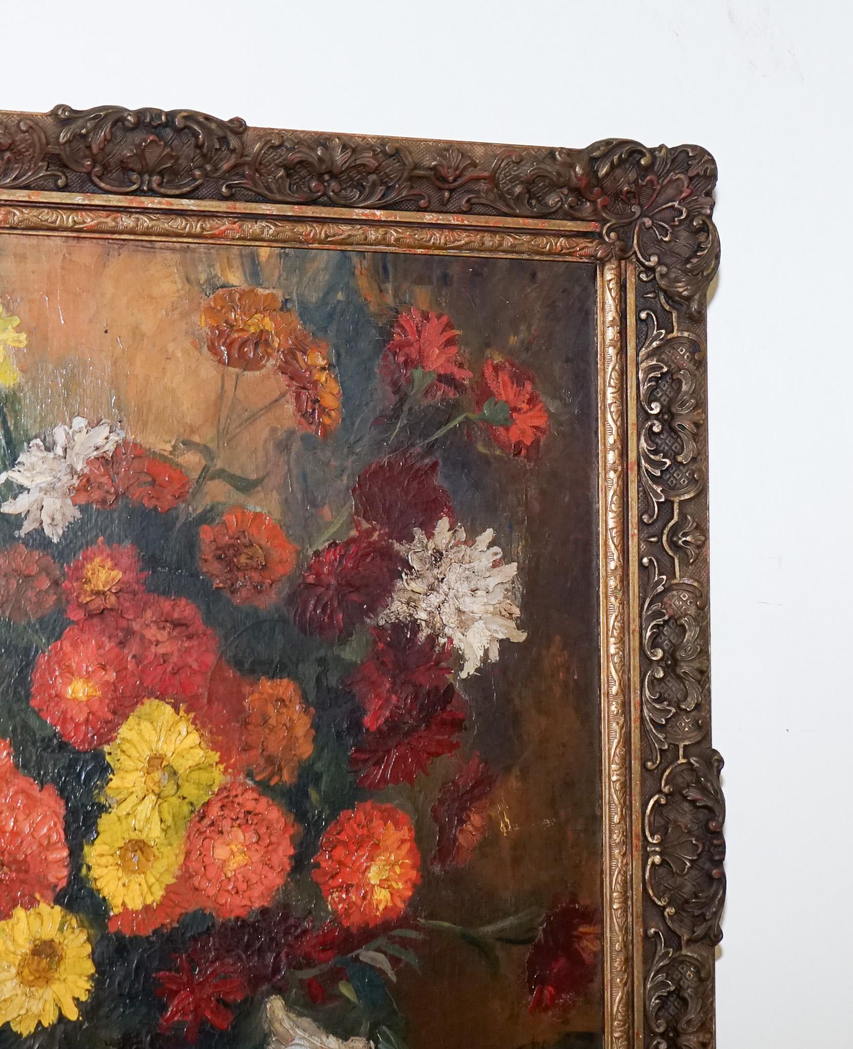 Peinture TABLEAU DE VIE BOUQUET FLORAL CADRE DORE SIGNÉ RUSSEL Whiting 1953 en vente