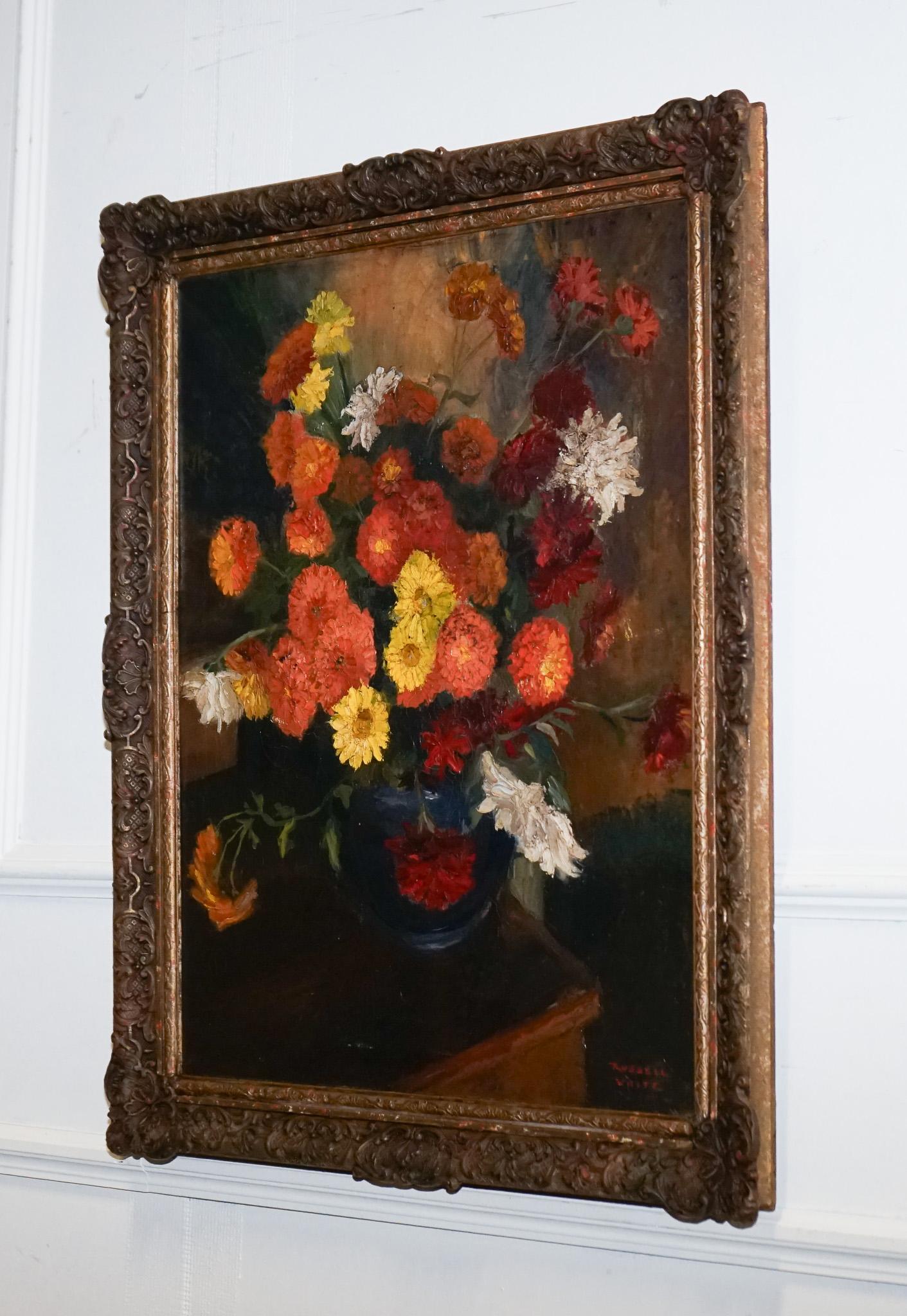 TABLEAU DE VIE BOUQUET FLORAL CADRE DORE SIGNÉ RUSSEL Whiting 1953 en vente 1