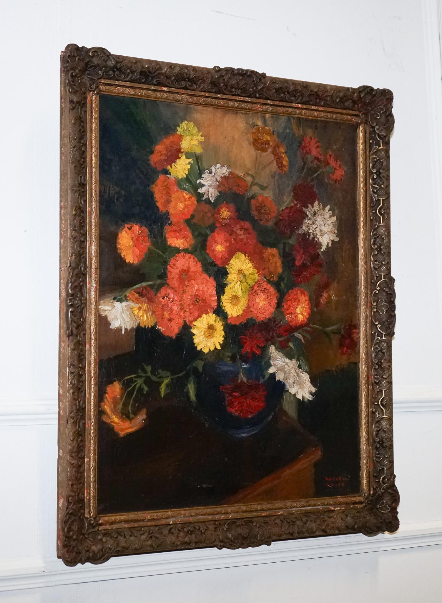 TABLEAU DE VIE BOUQUET FLORAL CADRE DORE SIGNÉ RUSSEL Whiting 1953 en vente 2