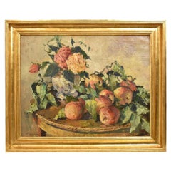Still Life Painting, Flower Pot with Roses and Fruits, Oil Painting on Canvas
