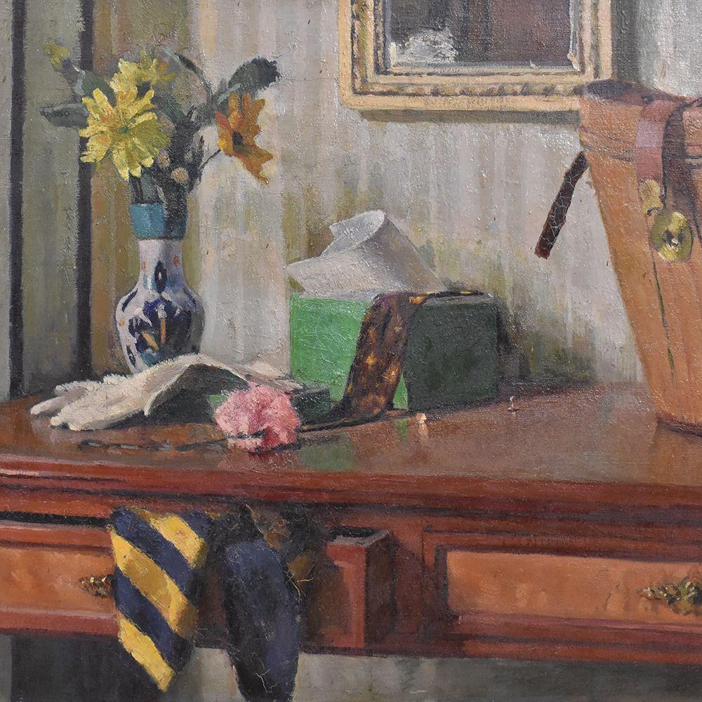 Still life artwork, oil painting on canvas, Flowers And Hatbox. Still life painting rich and colorful. Art Déco

It also has a wood frame realised in the 1900s. 

The oil on canvas painting dates back to the twentieth Century.

The oil