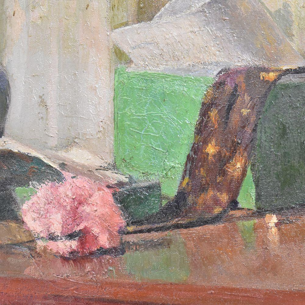 French  Still Life Painting, Flowers and Hatbox, Oil Painting on Canvas, 20th Century