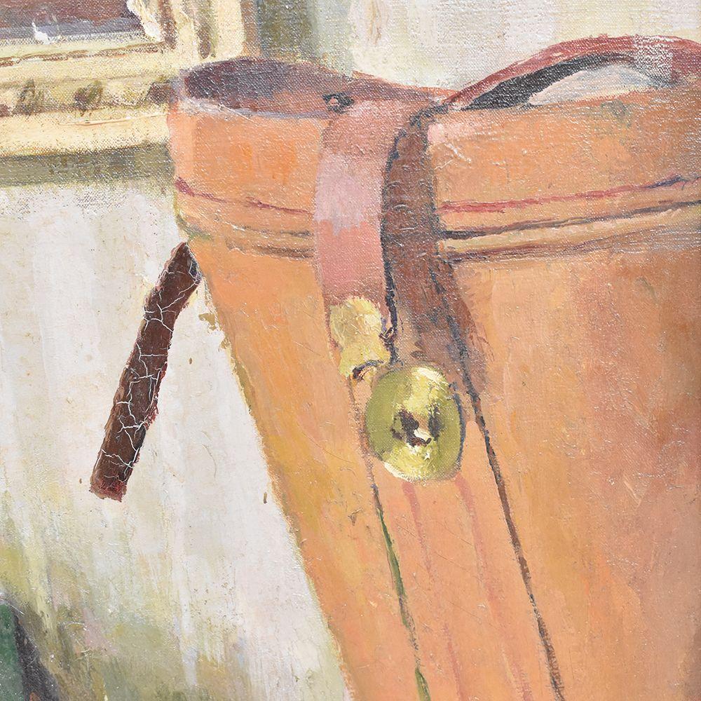 Painted  Still Life Painting, Flowers and Hatbox, Oil Painting on Canvas, 20th Century