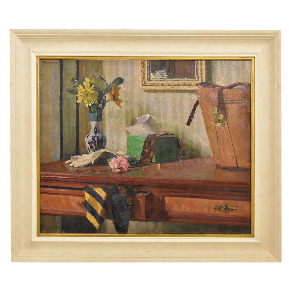 Still Life Painting, Flowers and Hatbox, Oil Painting on Canvas, 20th Century