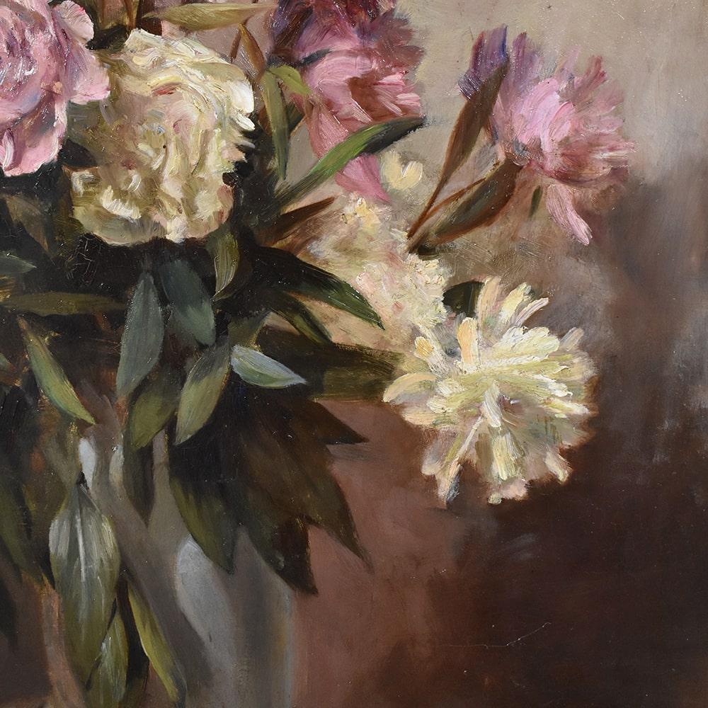 Napoleon III Still Life Painting, Flowers of Pink Peony, Oil on Canvas Du XIX Century For Sale
