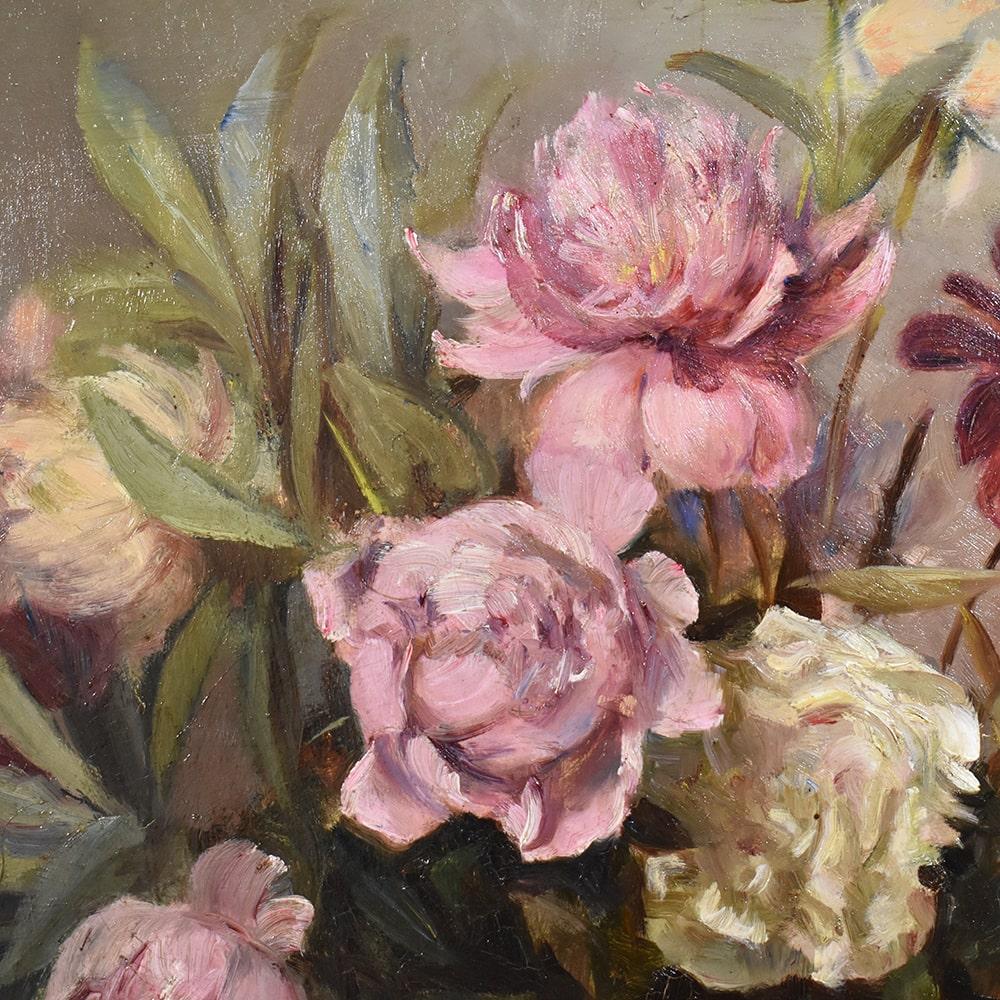 Napoleon III Still Life Painting, Flowers of Pink Peony, Oil on Canvas Du XIX Century