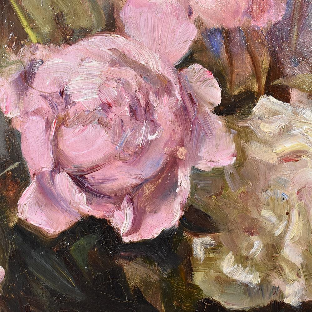 French Still Life Painting, Flowers of Pink Peony, Oil on Canvas Du XIX Century