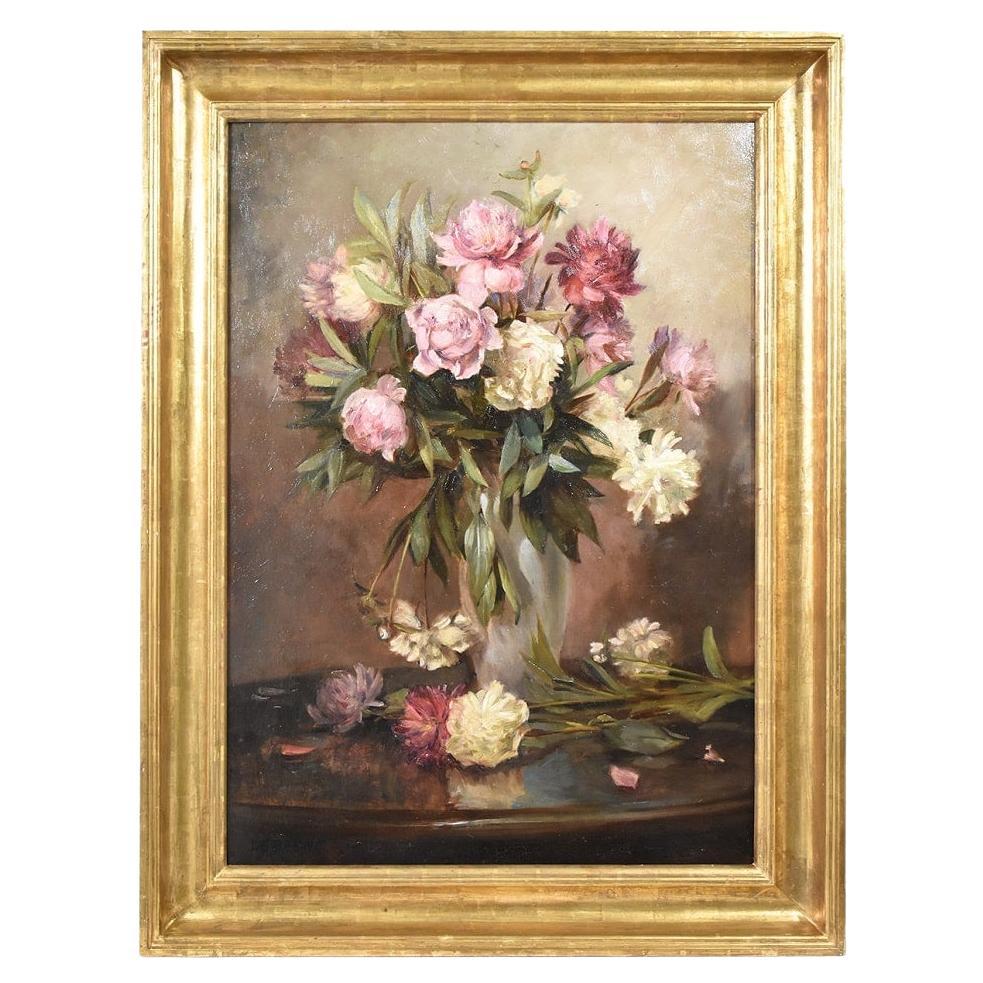 Nature morte aux fleurs de pivoine rose, huile sur toile du XIXème siècle
