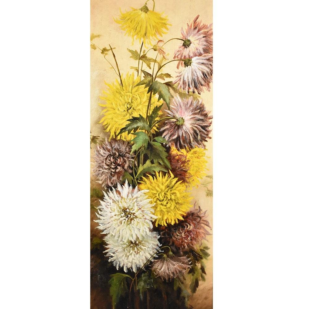 Flowers artwork, antique oil painting, Still Life with Bouquet of Dahlias flowers proposed here is an
oil painting on wood of the Nineteenth Century. It also has a wood frame. 

This is a bouquet of flowers, Peonies. Still life with