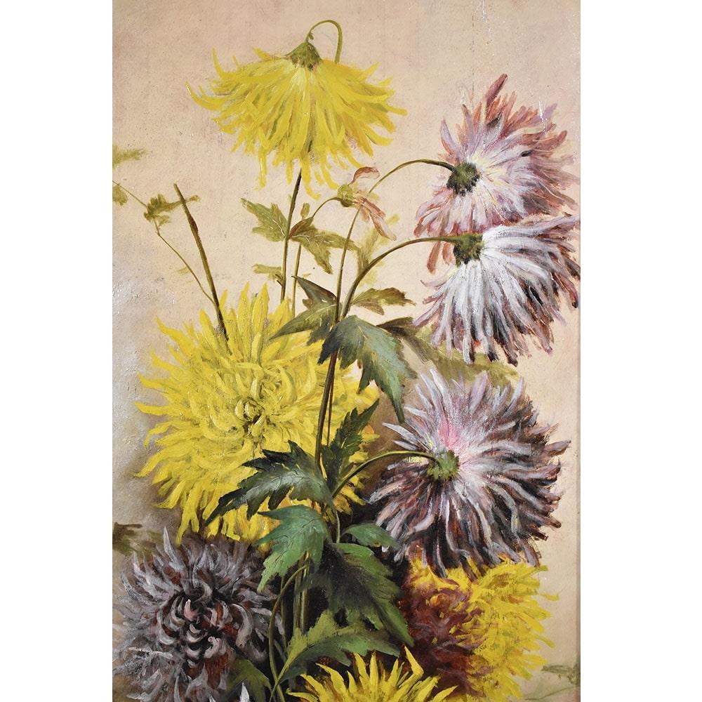 Napoleon III Still Life Painting, Flowers Vase Painting, Flowers of Dahlias, Oil on Wood For Sale