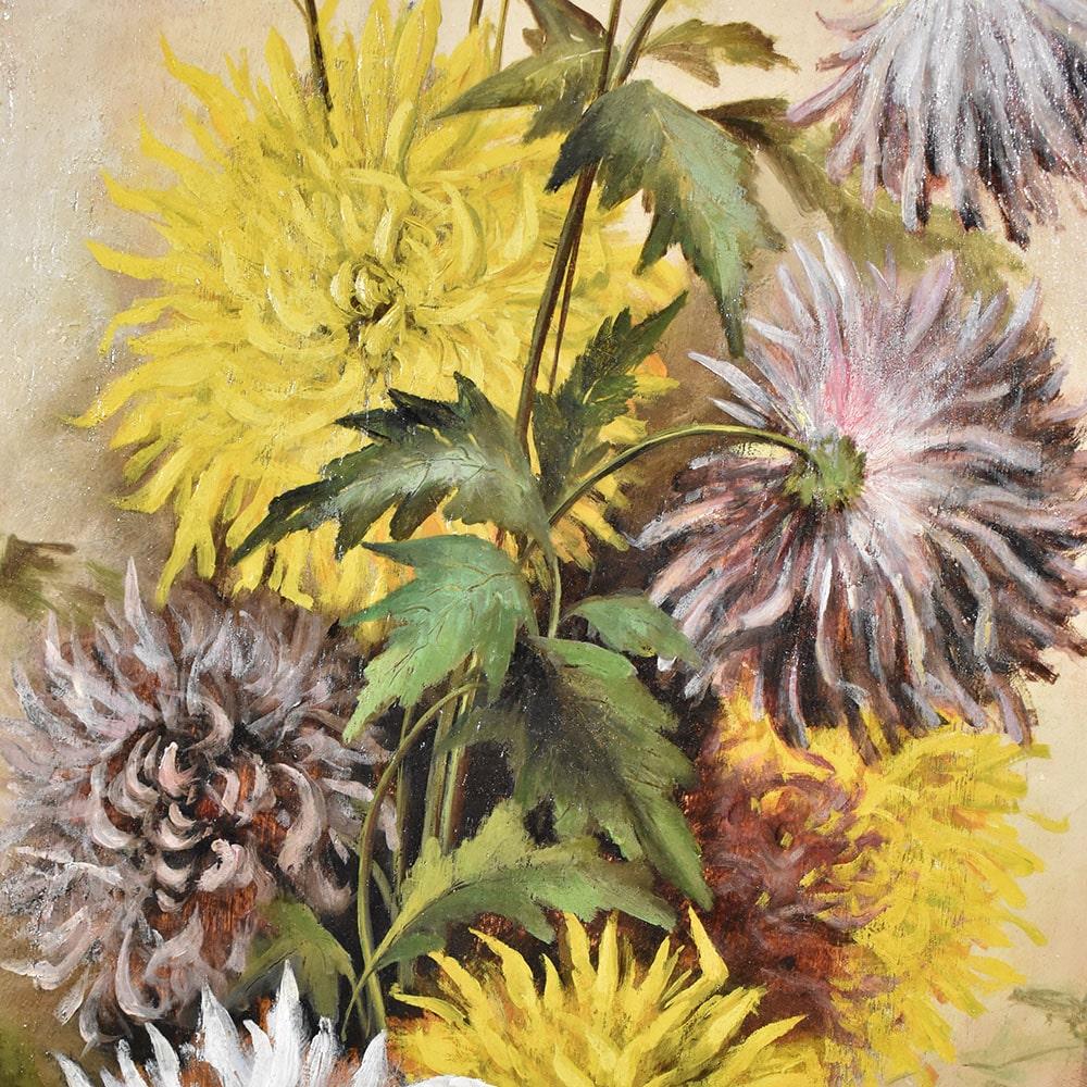 French Still Life Painting, Flowers Vase Painting, Flowers of Dahlias, Oil on Wood For Sale