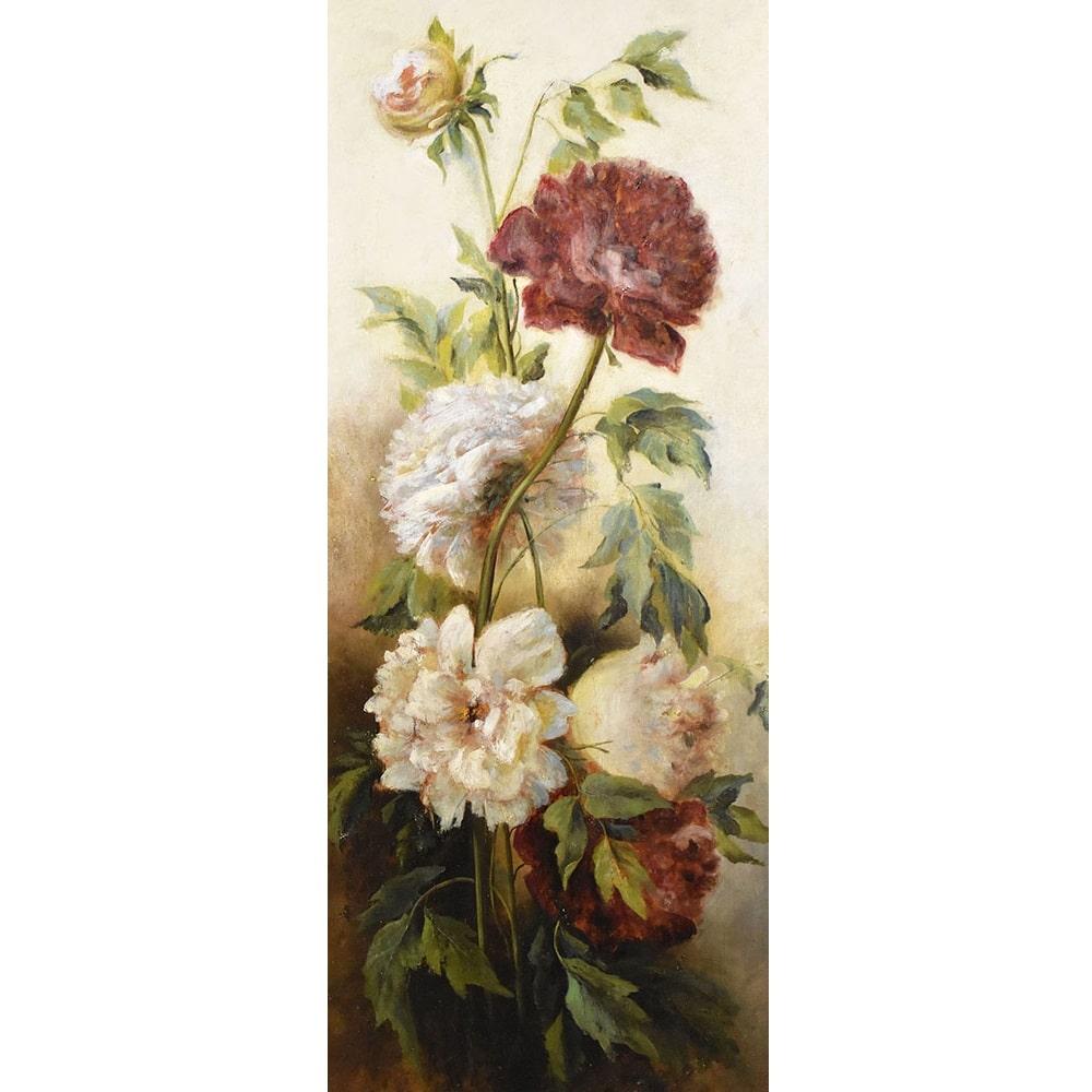 Oeuvre d'art sur les fleurs, peinture à l'huile ancienne, Nature morte avec bouquet de pivoines roses proposée ici est un
peinture à l'huile sur bois du XIXe siècle. Il a également un cadre en bois. 

C'est un bouquet de fleurs, des pivoines