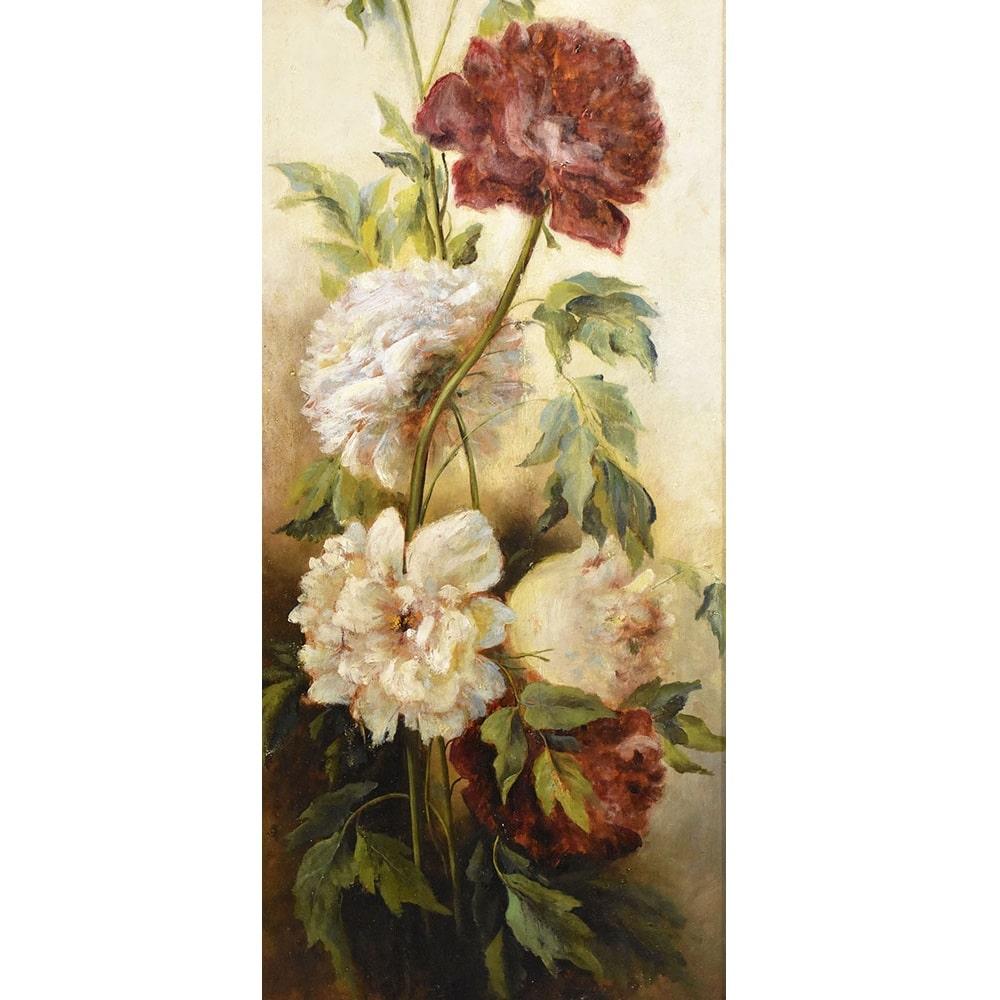 Napoléon III Peinture de nature morte, peinture de vase à fleurs, fleurs de pivoines, huile sur bois en vente