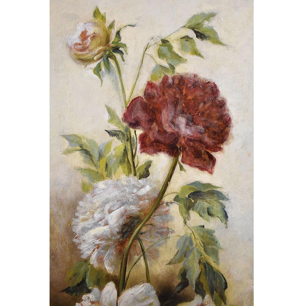 Français Peinture de nature morte, peinture de vase à fleurs, fleurs de pivoines, huile sur bois en vente