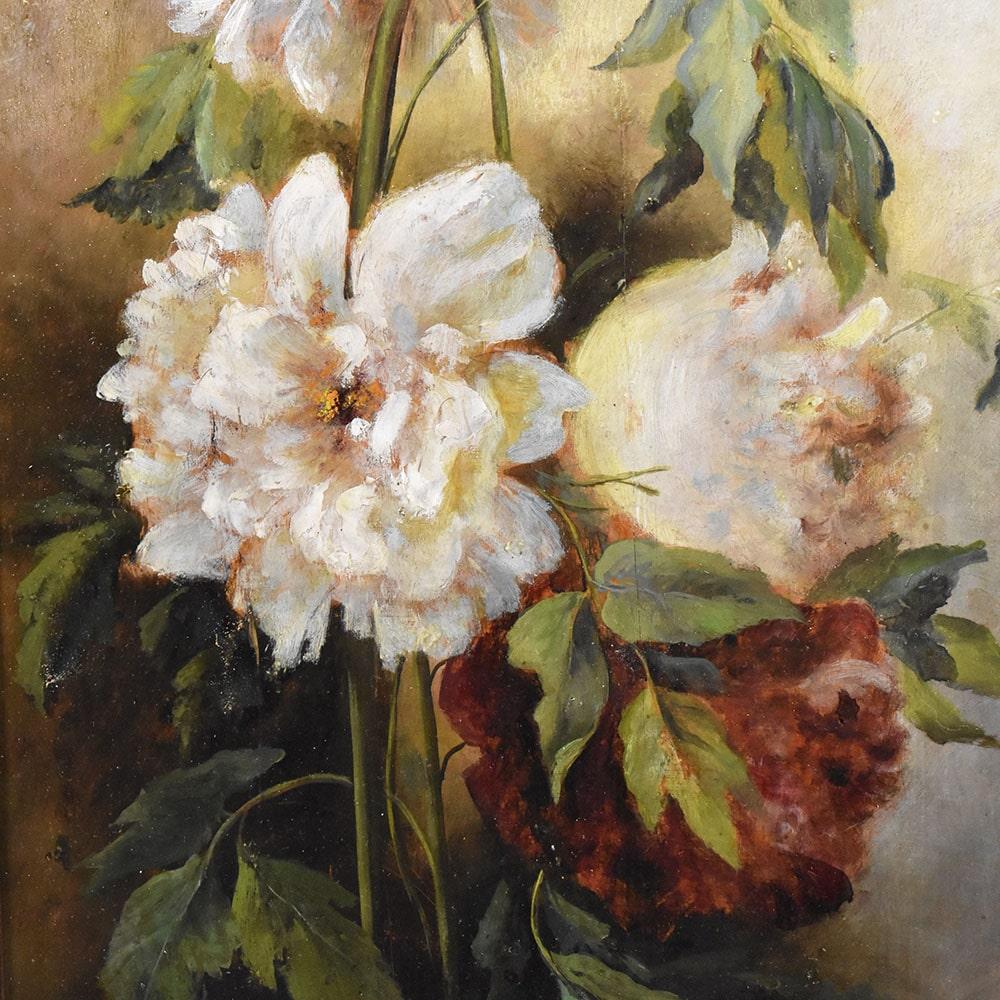 XIXe siècle Peinture de nature morte, peinture de vase à fleurs, fleurs de pivoines, huile sur bois en vente