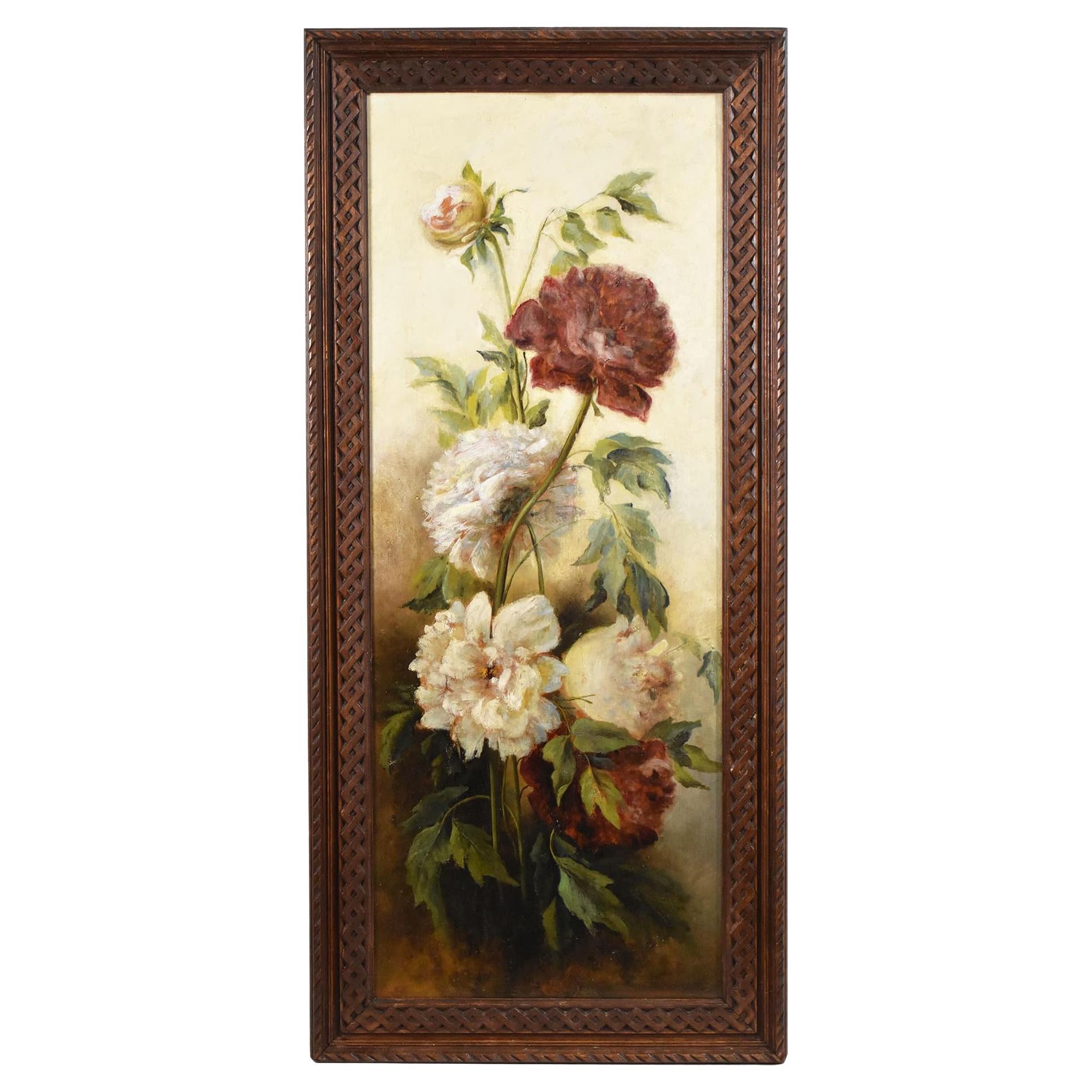 Peinture de nature morte, peinture de vase à fleurs, fleurs de pivoines, huile sur bois en vente