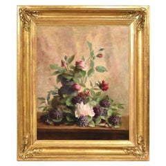 Nature morte, peinture de vase à fleurs, fleurs de roses et de pivoines, XIX