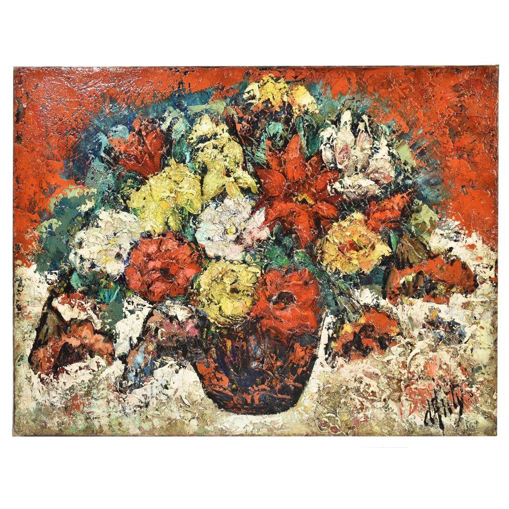 Obra de arte Flores, pintura al óleo antigua, Bodegón con Ramo de Rosas propuesta aquí es una pintura al óleo
sobre lienzo del siglo XX. Art Déco. 
También tiene un marco original de madera tallada realizado en la década de 1900.

Este óleo floral