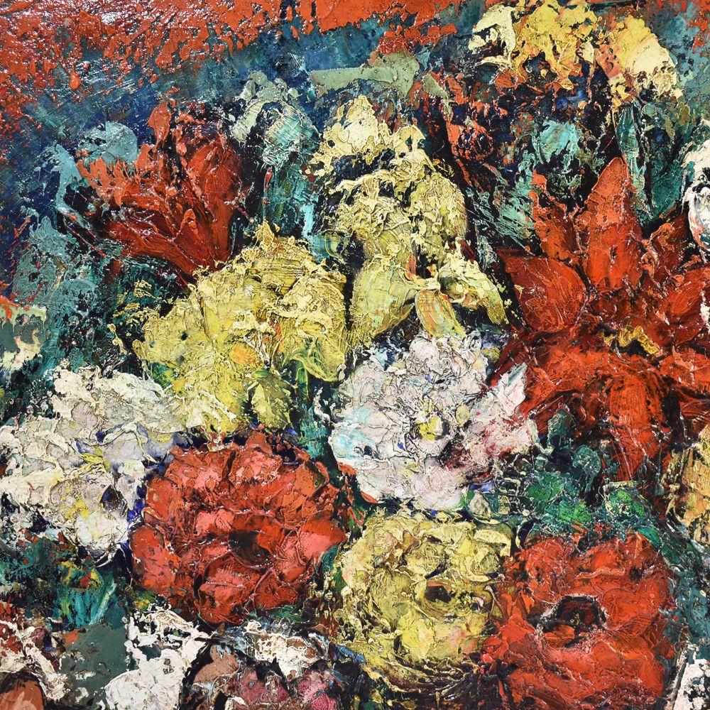 Toile Peinture de nature morte, peinture de vase de fleurs, vase de roses, huile sur toile, 20e en vente