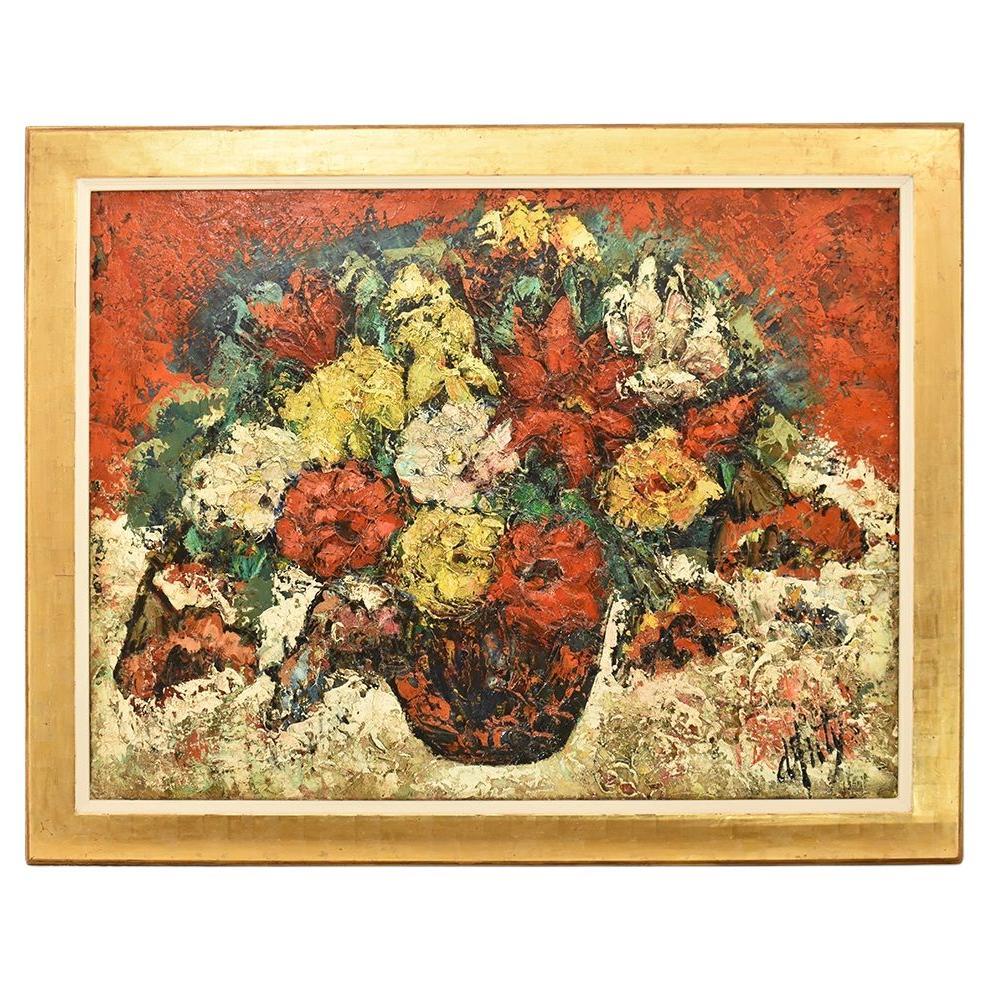Peinture de nature morte, peinture de vase de fleurs, vase de roses, huile sur toile, 20e en vente