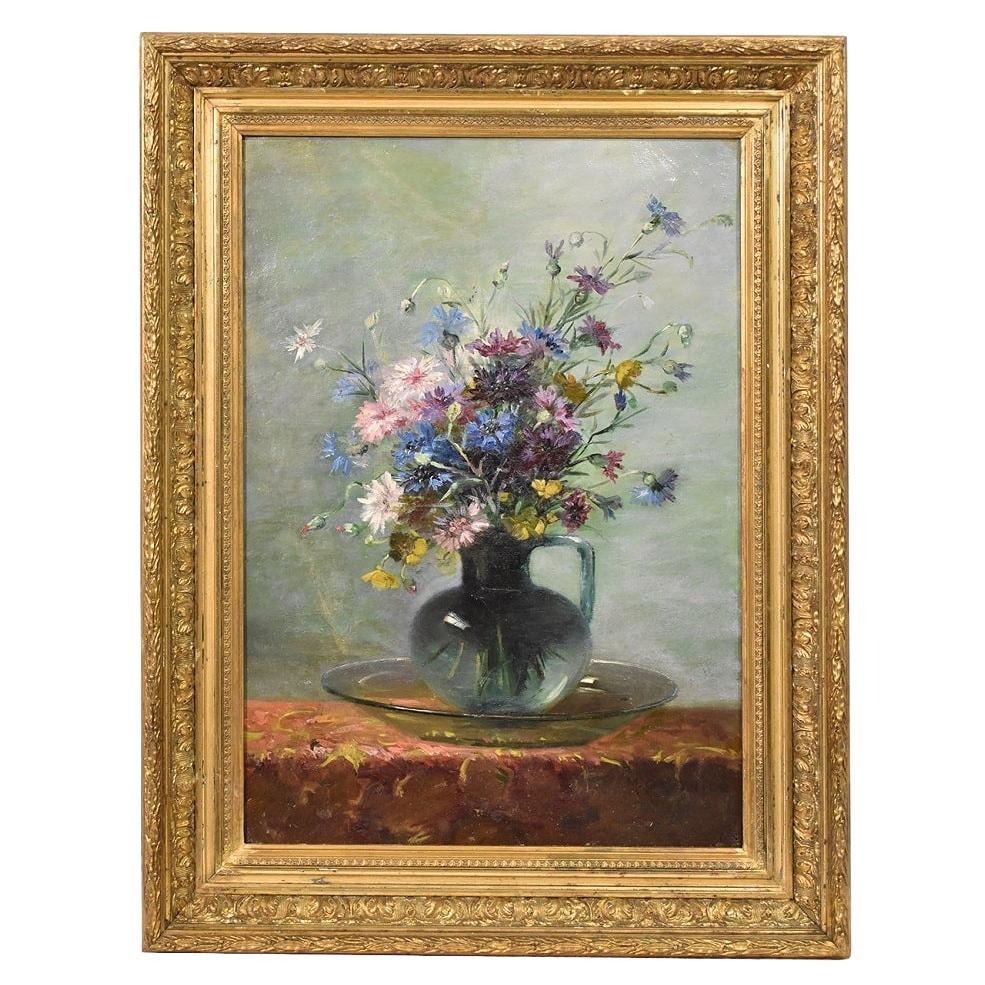 Still Life Painting, Flowers Vase Painting, Wild Flowers, Oil on Canvas, XIX