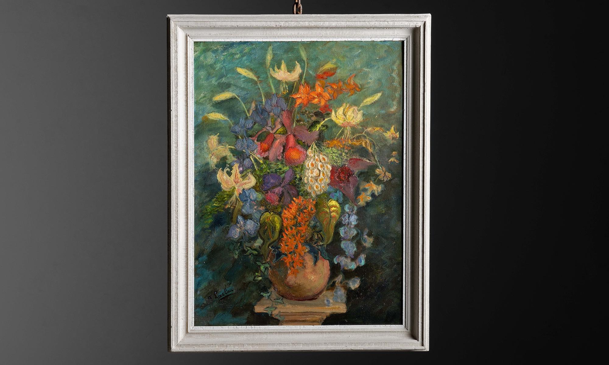 Still Life Painting.

France circa 1950.

Framed oil on canvas.

Measures: 29”L x 2.25”D x 37.5”H.