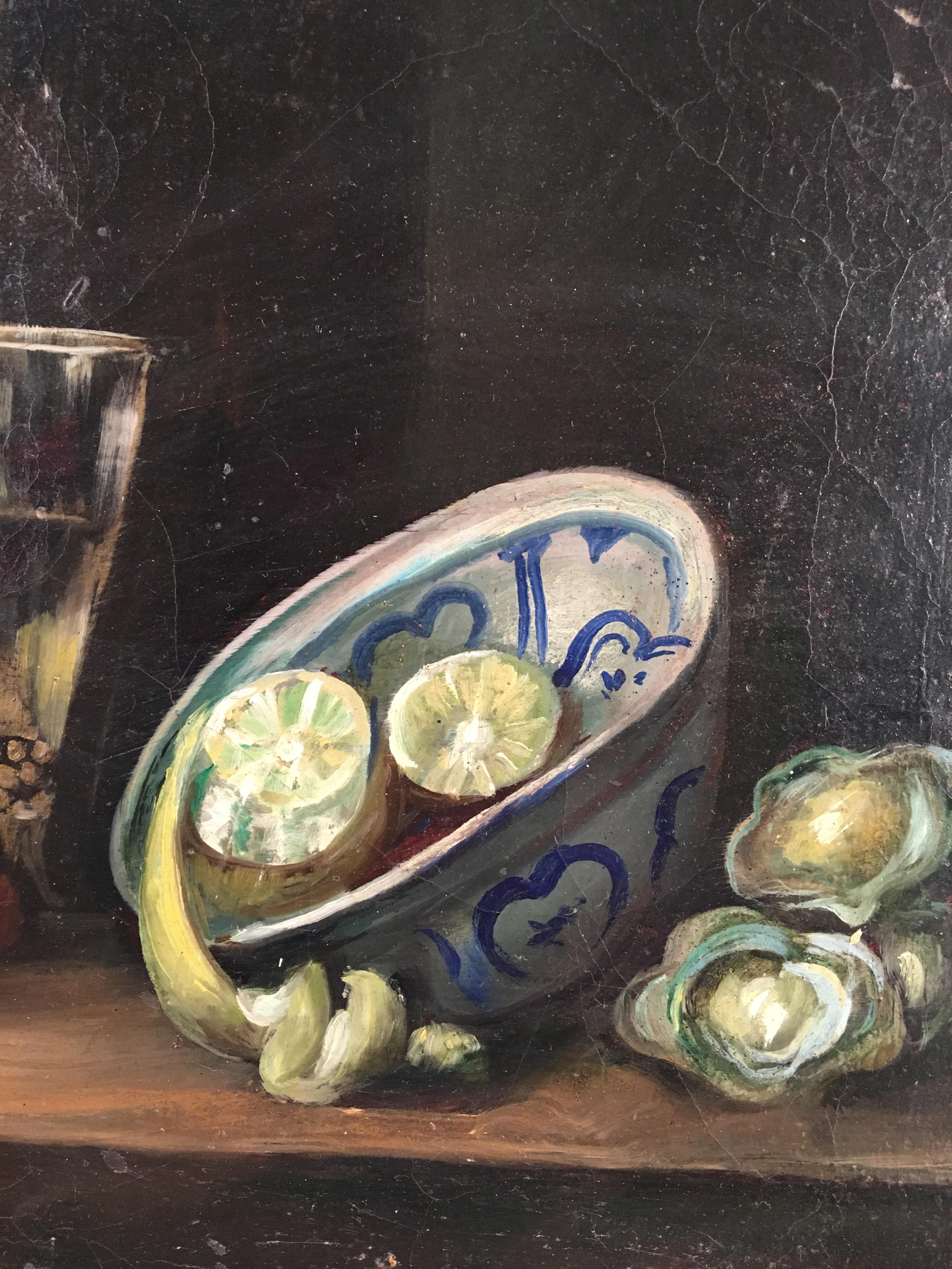 A French still life painting of a lobster, a vase with flowers, and other food items and utensils on a table, mid-19th century, oil on canvas. From the estate of Pierre Moulin, founder of Pierre Deux shops.