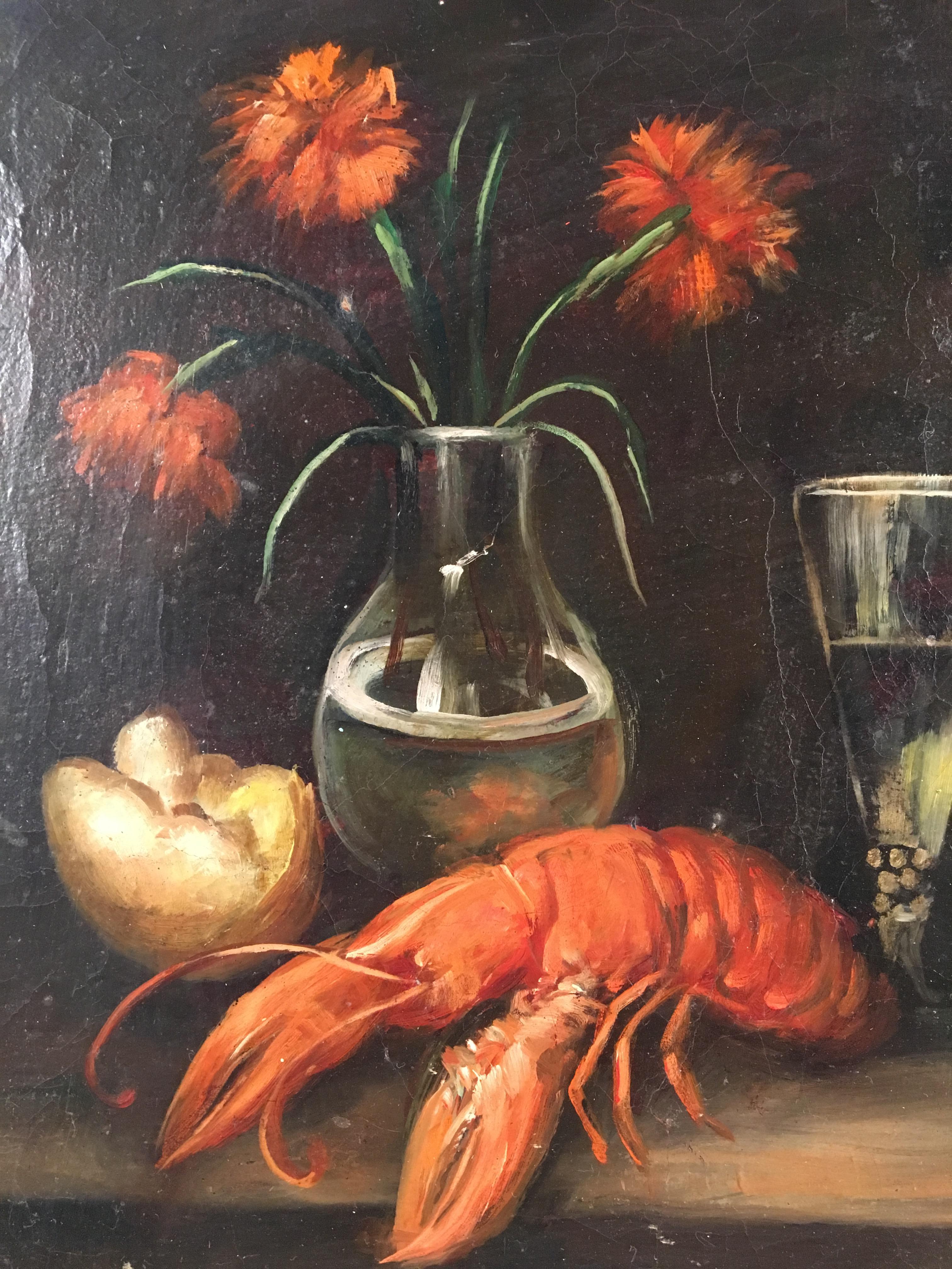 French Provincial Still Life Painting, Lobster, French 19th Century