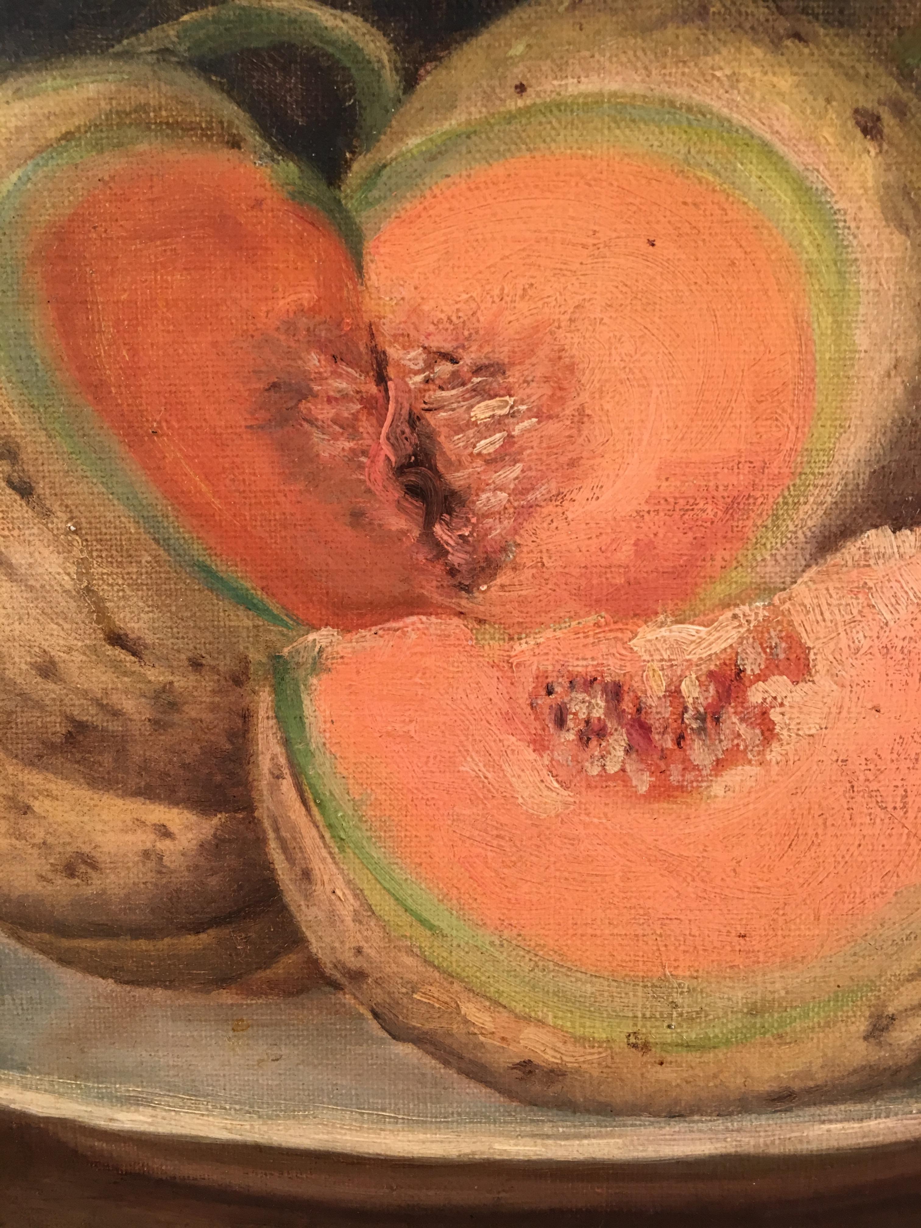 Painted Still Life Painting, Melon, French, 19th Century