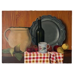 Antique Still Life Painting of a Pewter Dish and trompe l’œil Pine - French, early c20th