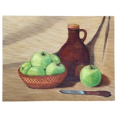 Vintage Still Life Painting of Green Apples and Jug