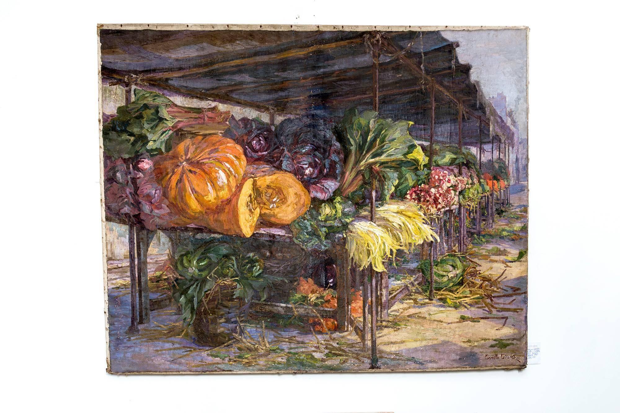 A large format, unframed oil painting on canvas of a Paris vegetable market scene. Great depth and point of view/perspective in this setting. Colorful and rich in bounty. Fabulous for a Thanksgiving and Holiday setting or summer setting.
