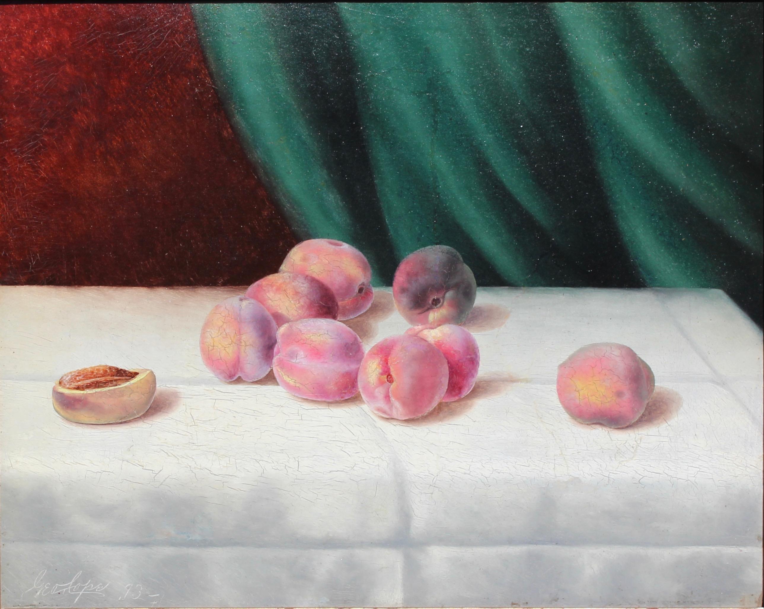 Wondeful still life scene of peaches spread across a table by West Chester artist George Cope.