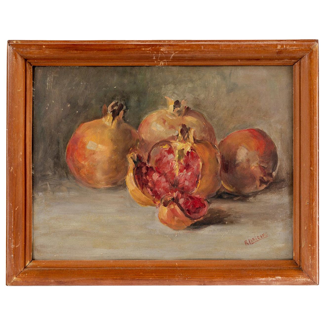 Still Life Painting of Pomegranates Signed by R. Lasserre, Oil on Board