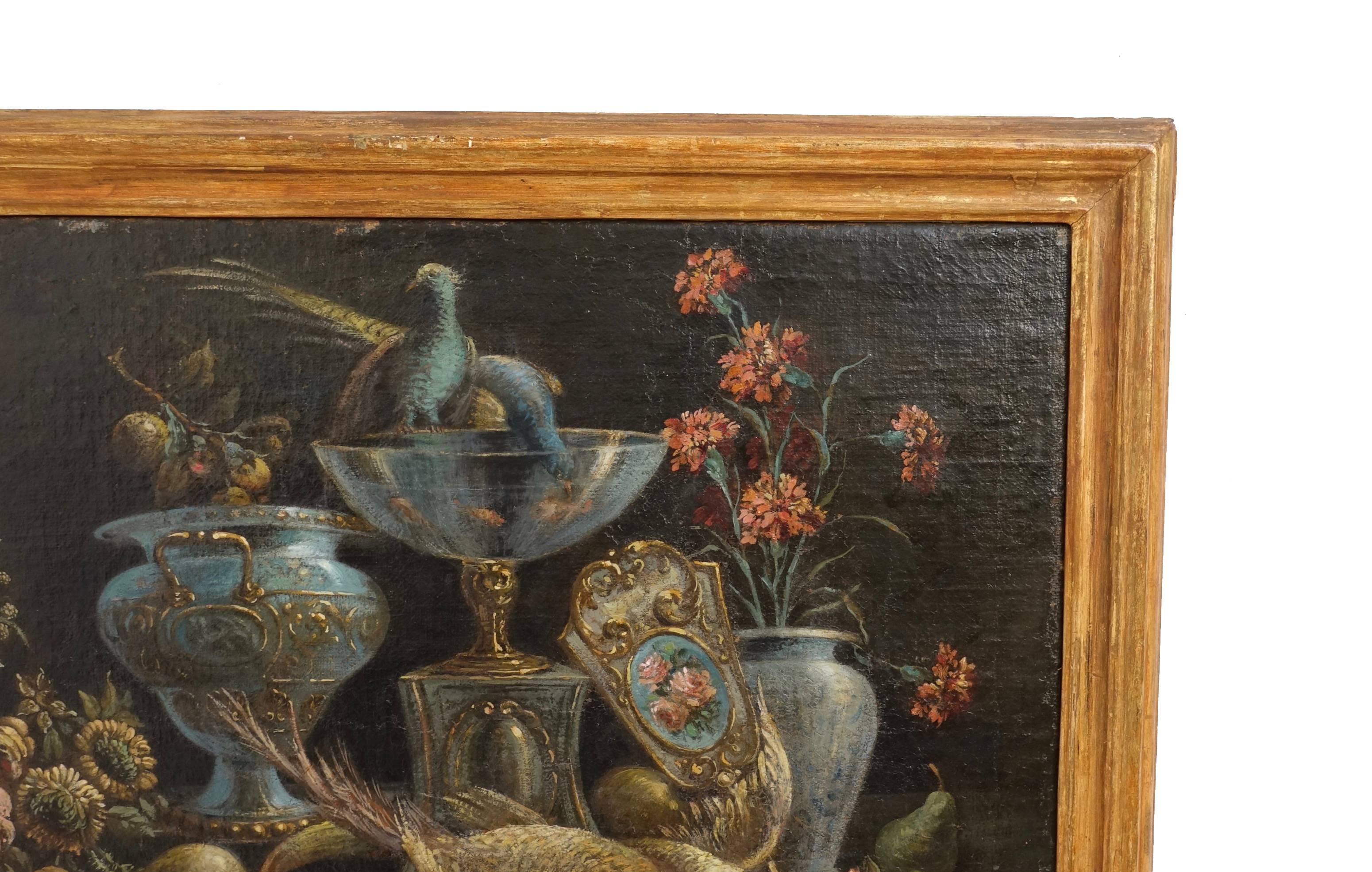Gilt Still Life Painting of Venetian Glass' Flowers and Birds, 19th Century