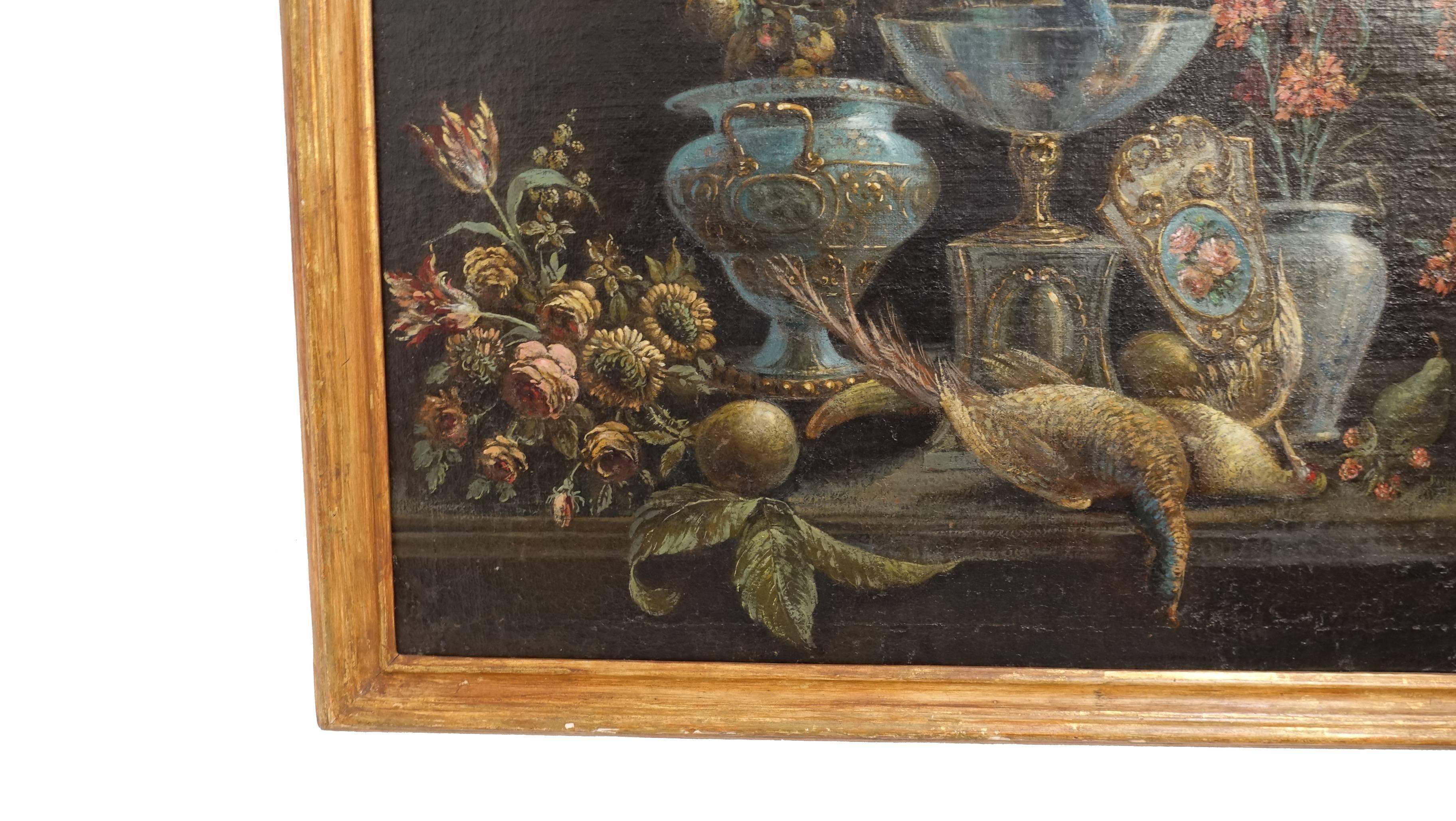 Canvas Still Life Painting of Venetian Glass' Flowers and Birds, 19th Century