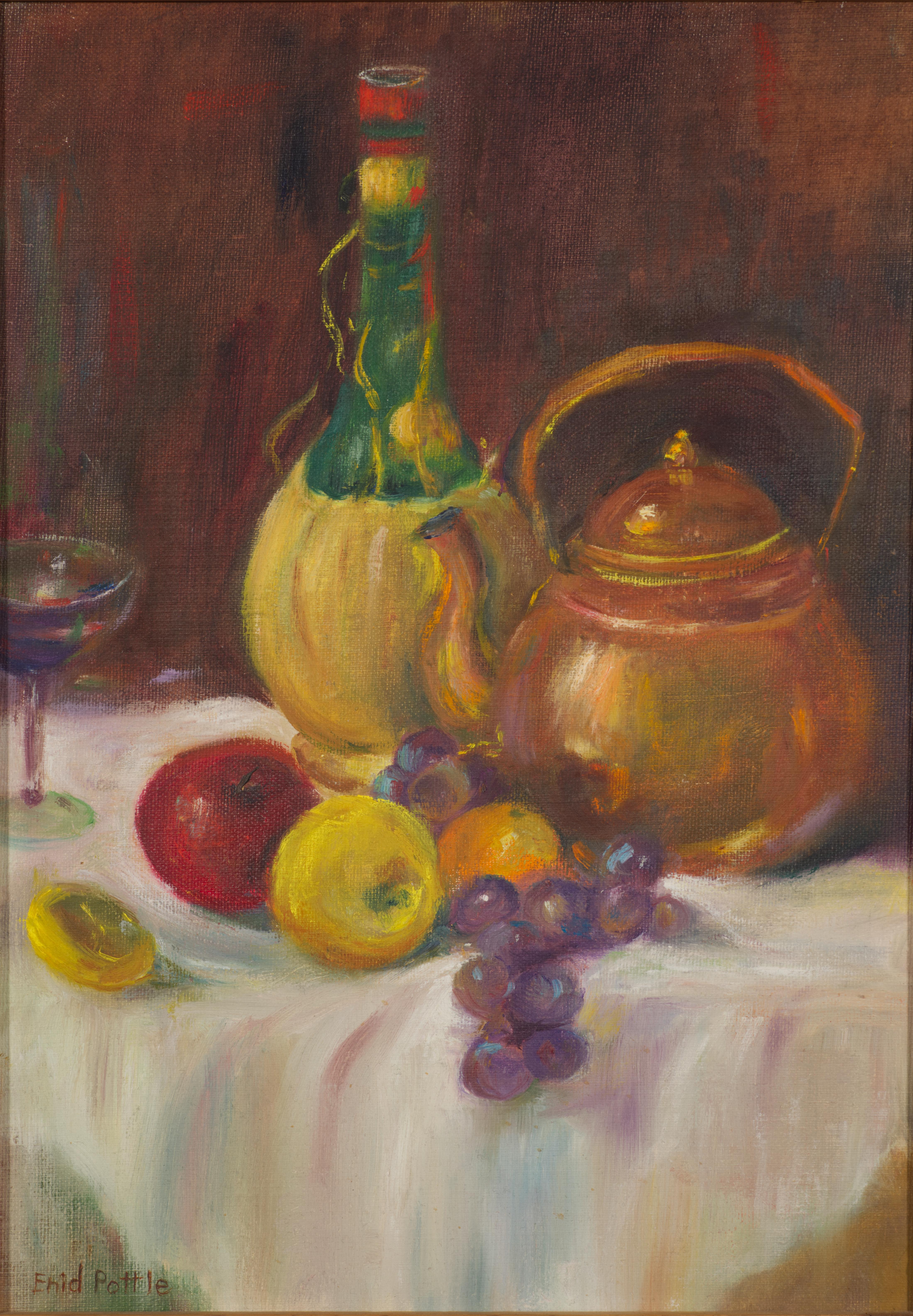  Vintage oil on board still life painting features calm, collected composition of a wine bottle, glass, teapot, and fruits on a white tablecloth.

The painting is signed in lower left corner by the artist, Ehid Pottle, and framed in carved solid