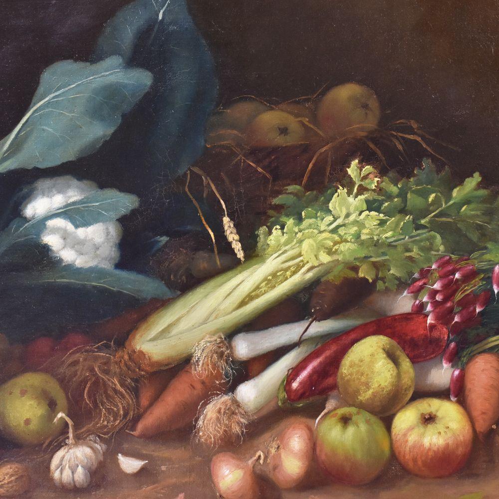 Still life artwork, oil painting on canvas, vegetable and fruit with apples, pears, nuts and celery, 
cauliflower, chard, leeks, onions, garlic, carrots, aubergine. Still life painting rich and colorful.

It also has a beautiful and original