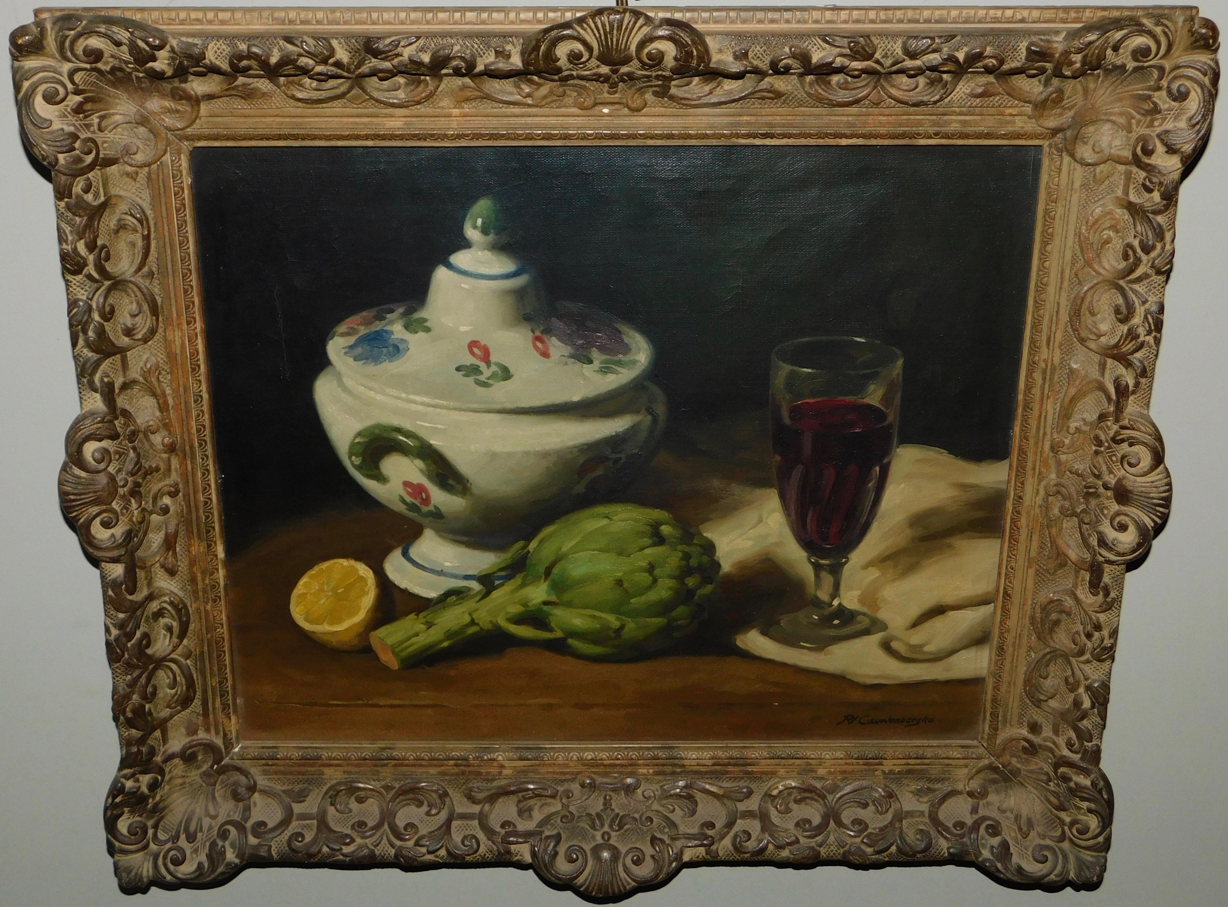 Still life oil painting on canvas by the known Belgian still life painter Robert Van Cauwenberghe, circa 1930. Original frame of wood with gesso decoration and limed gold leaf finish
(Cauwenberghe was known for using this frame on his still life