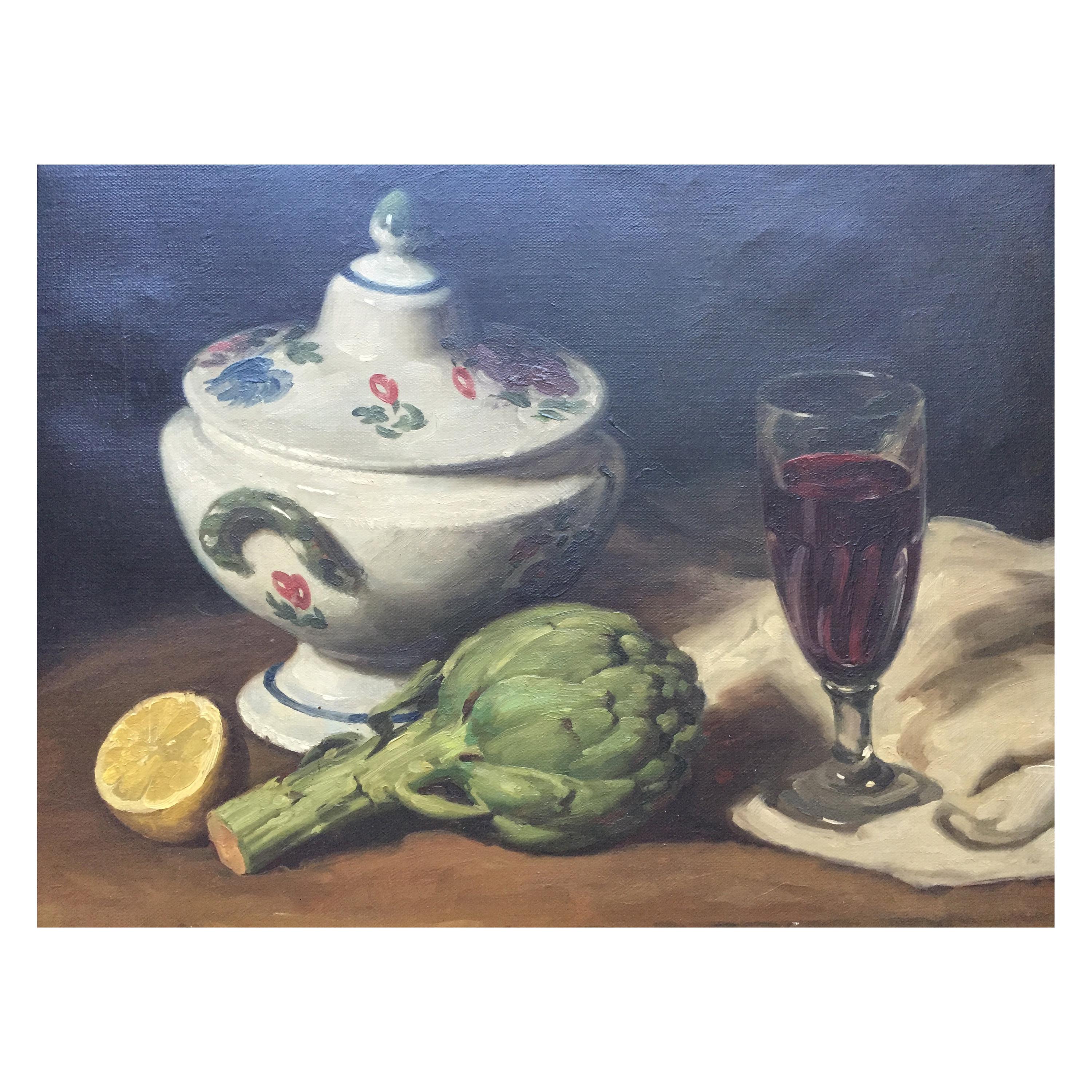 Still Life Painting with Artichoke and Red Wine by Robert Van Cauwenberghe For Sale
