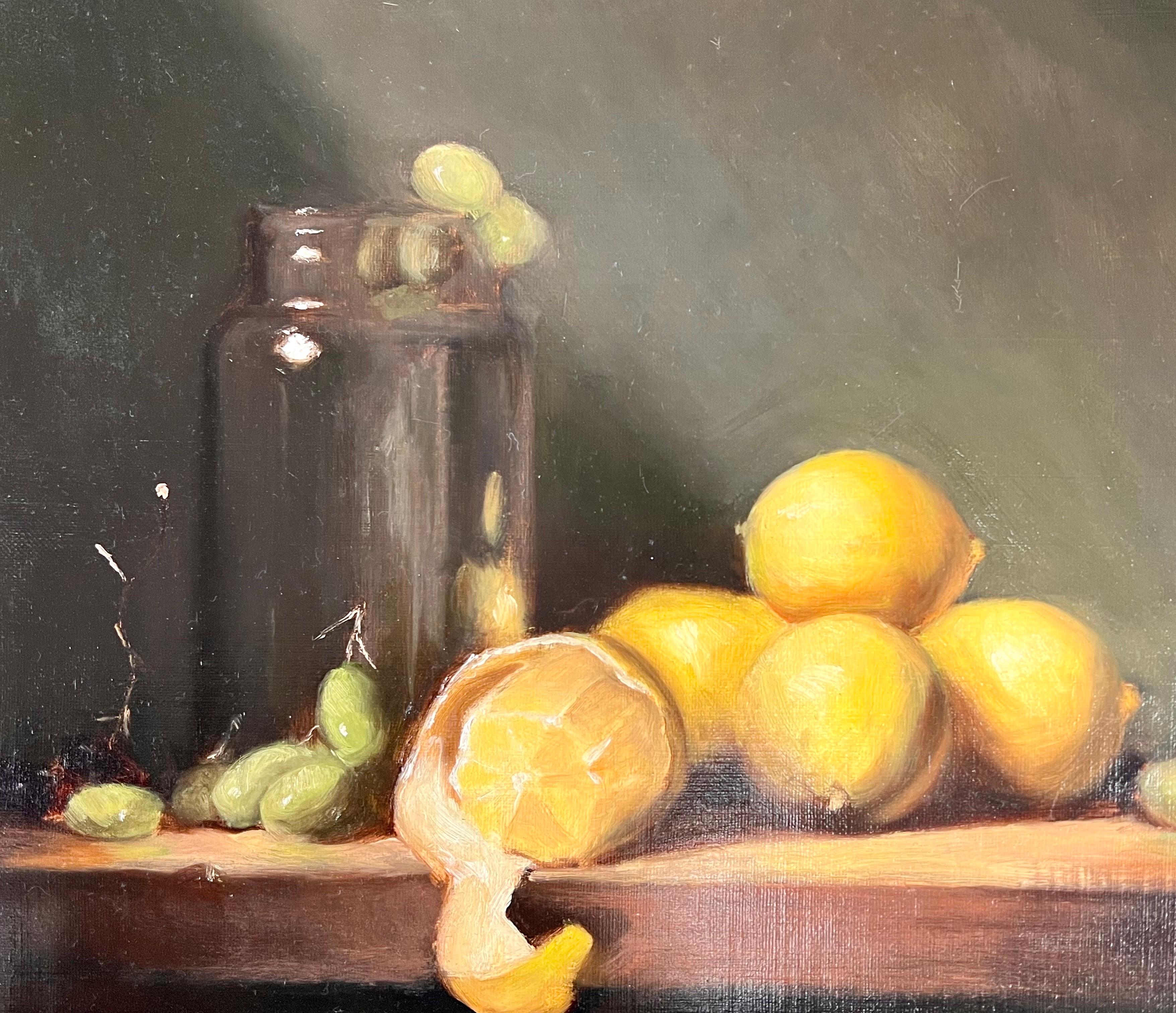 XXIe siècle et contemporain Nature morte avec des citrons et des raisins signée