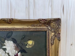 Still life painting featuring roses and fruit
