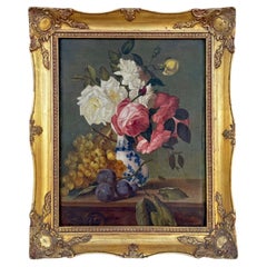 Still life painting featuring roses and fruit