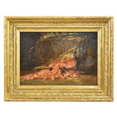Still Life Painting with Shrimps, Oil on Canvas, Antique Painting, 19th Century