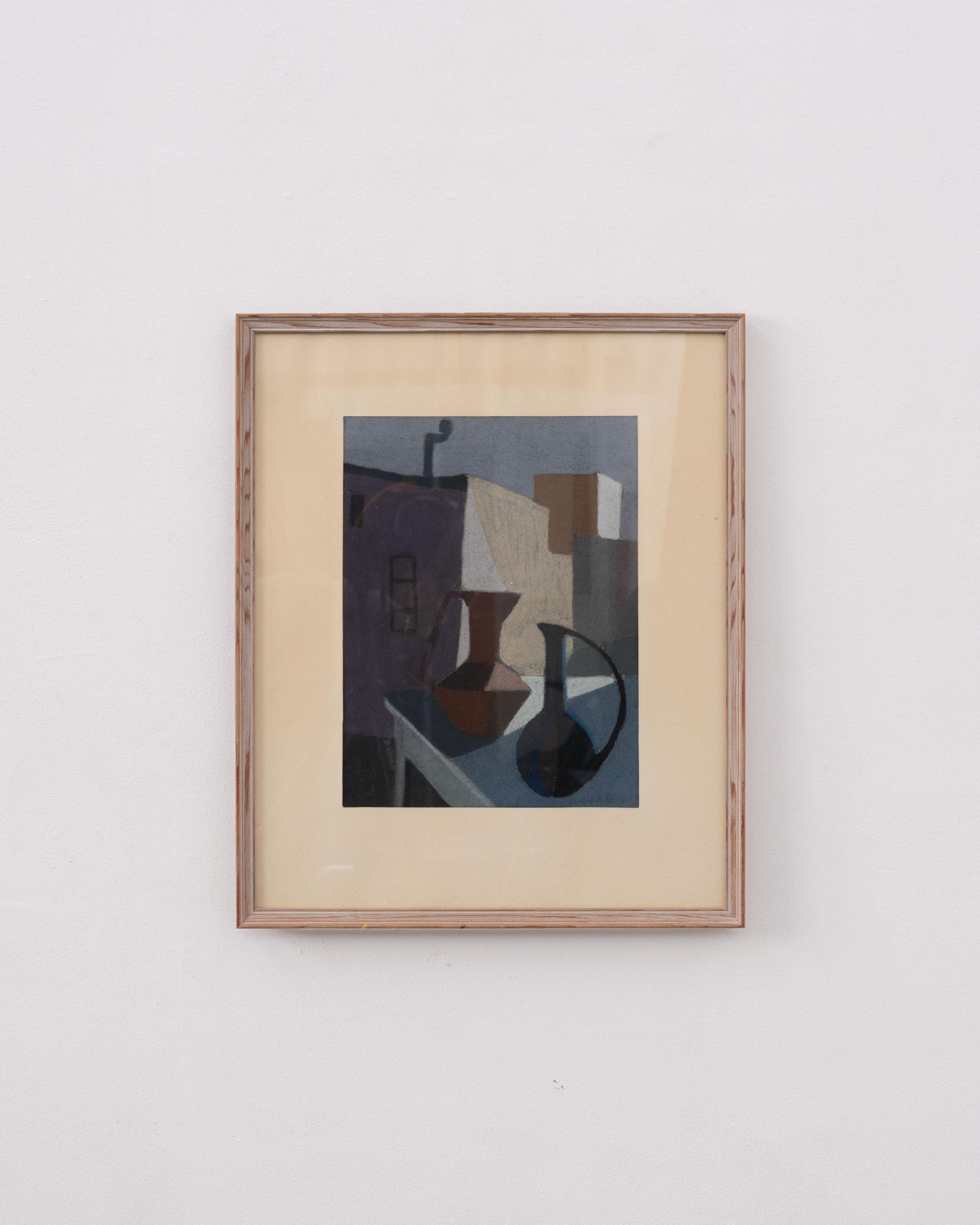 A still life, pastel on paper by Swedish artist Carl Gunnar von Gegerfelt ( 1926 - 2012), depicting a pair on decanters on a garden table. Mounted and framed in white washed wood. 

Gegerfelt studied at the Konstfackskolan (University College of