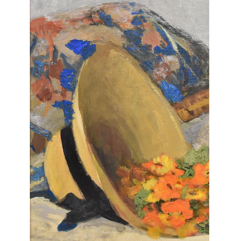 Art Nouveau Still Life, Straw Hat and Flowers Painting, Oil on Canvas, Early 20th Century