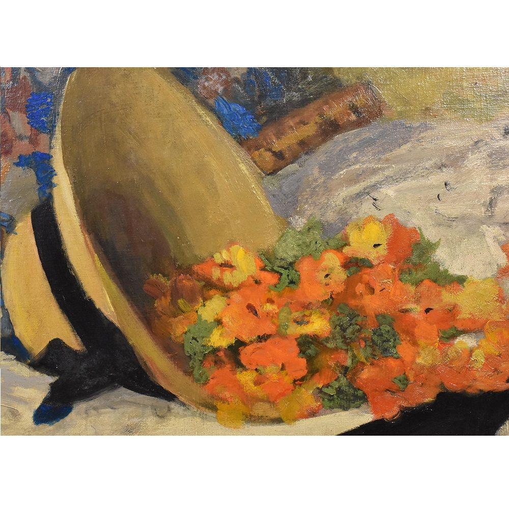 French Still Life, Straw Hat and Flowers Painting, Oil on Canvas, Early 20th Century
